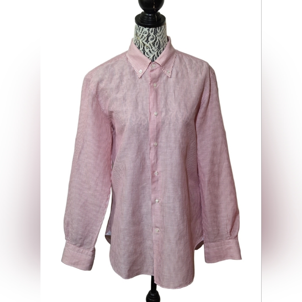 Classic Striped Elegant white shirt fine pink-red pinstripes by Brooks Brothers
